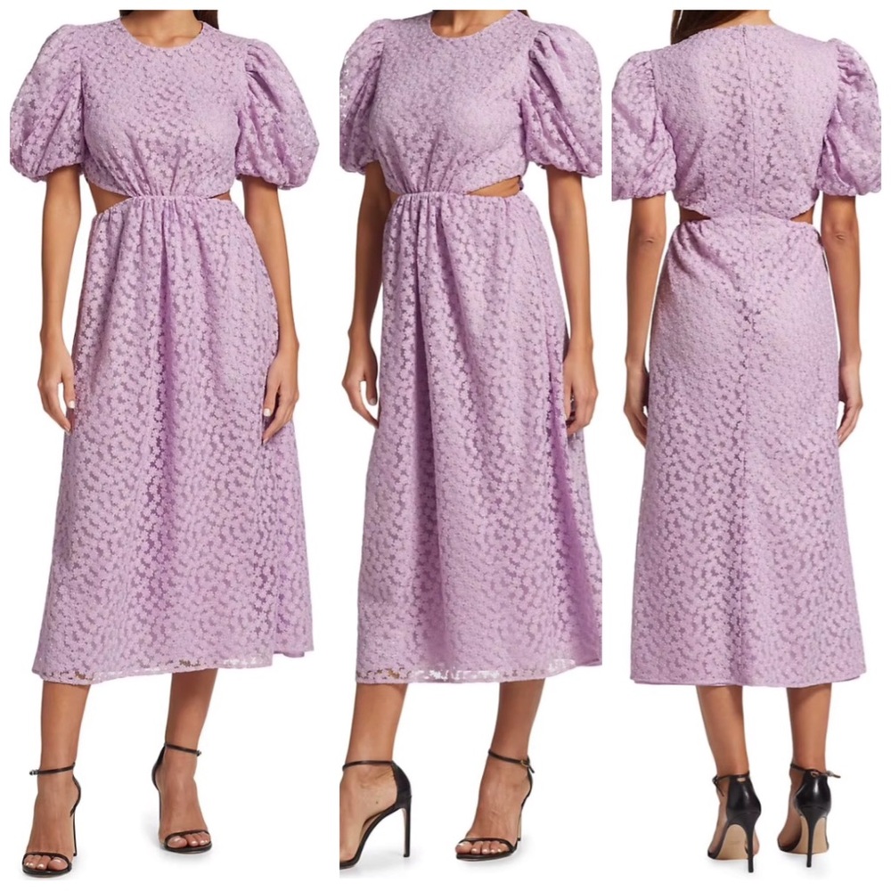 •WAYF• Puff Sleeve Cut-Out Midi Dress in Floral Embroidered Lavender Size S